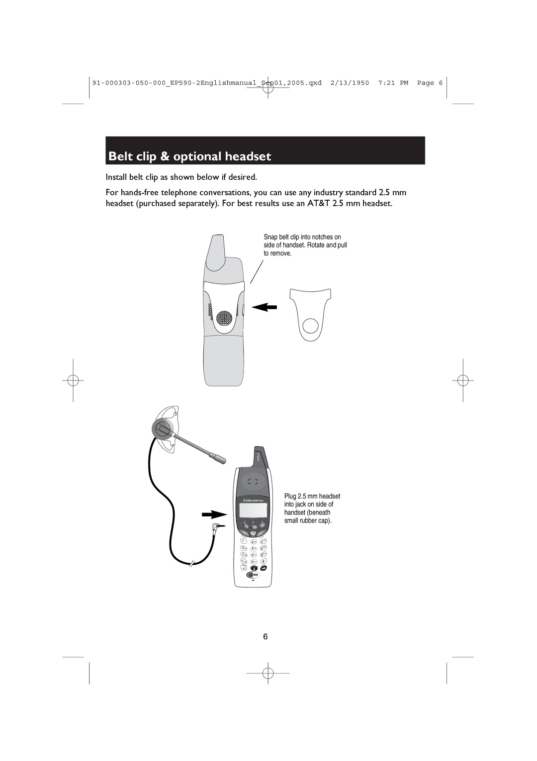 AT&T EP590-2 user manual Belt clip & optional headset, Install belt clip as shown below if desired 