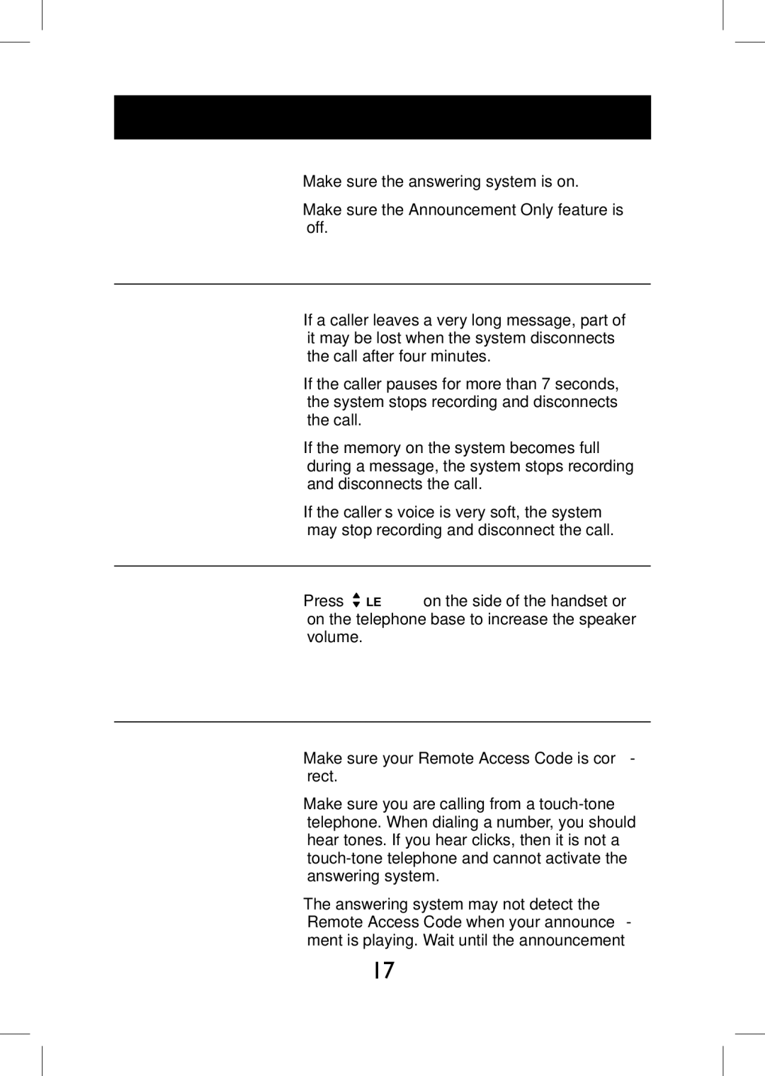 AT&T EP590-3 user manual Answering system does not record message, Messages on the answering system are incomplete 