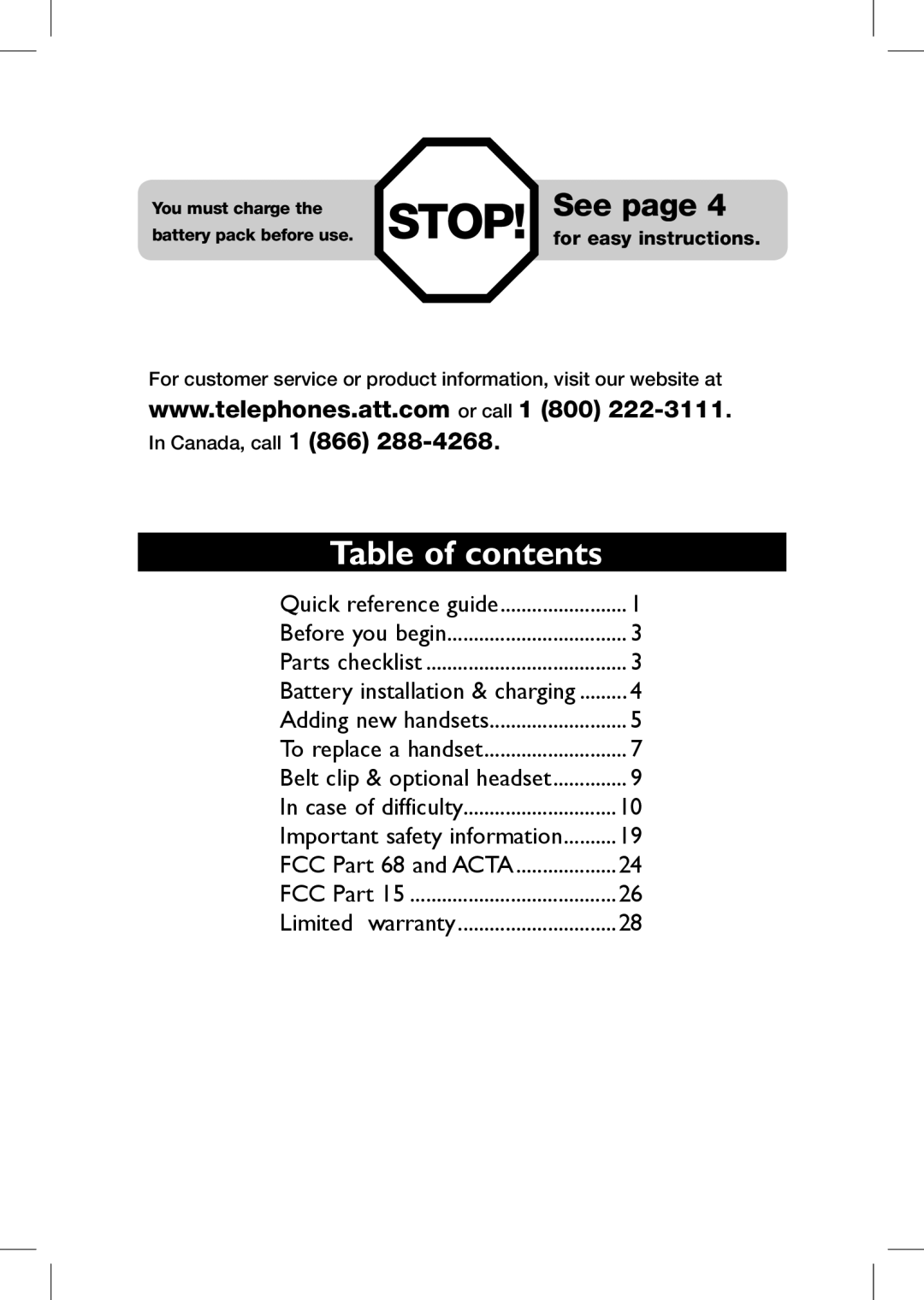 AT&T EP590-3 user manual Stop, Table of contents 