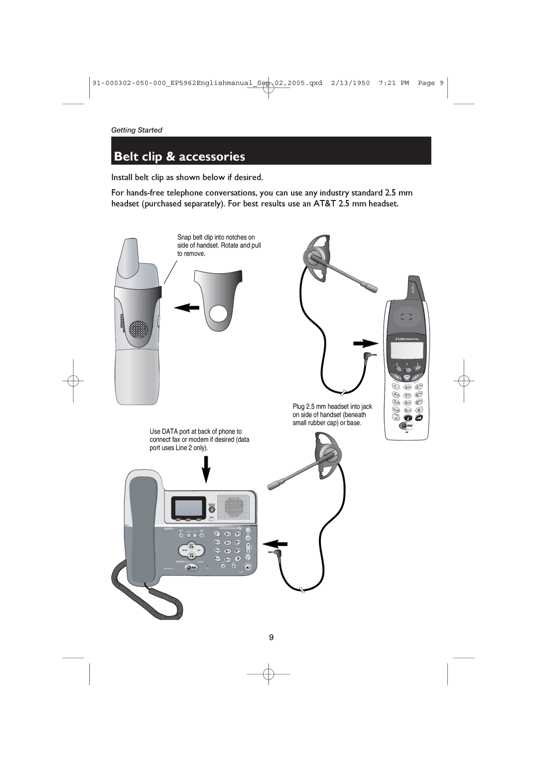 AT&T EP5962 user manual Belt clip & accessories, Install belt clip as shown below if desired 