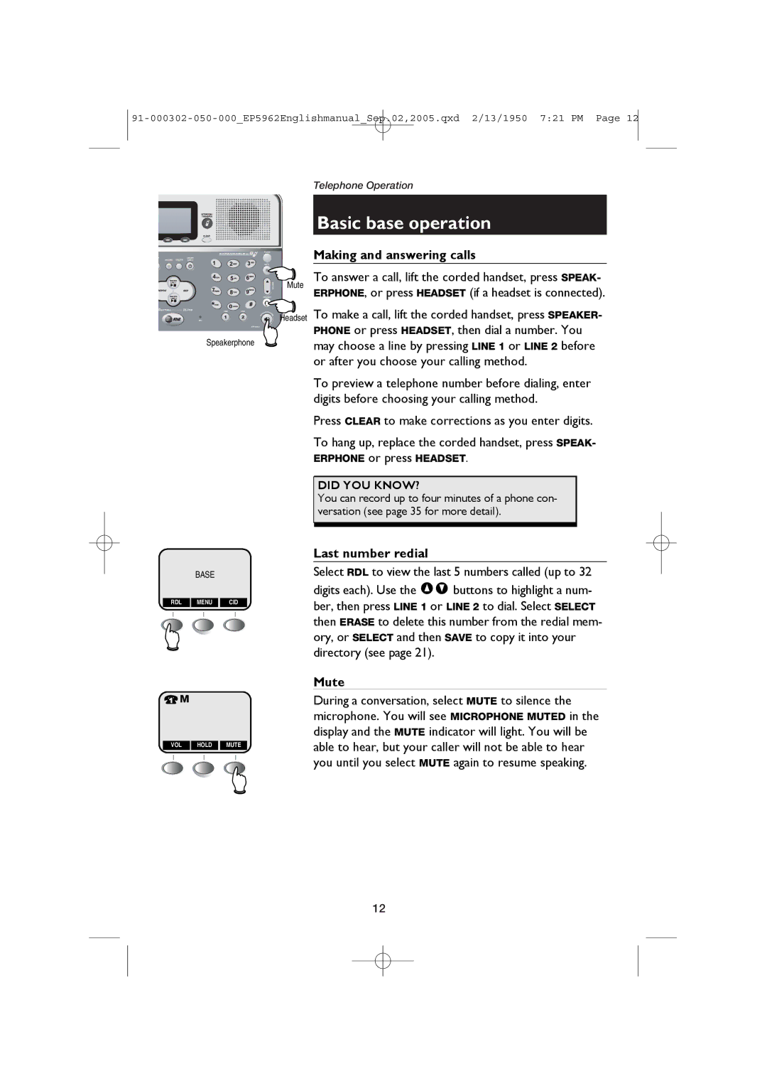 AT&T EP5962 user manual Basic base operation 