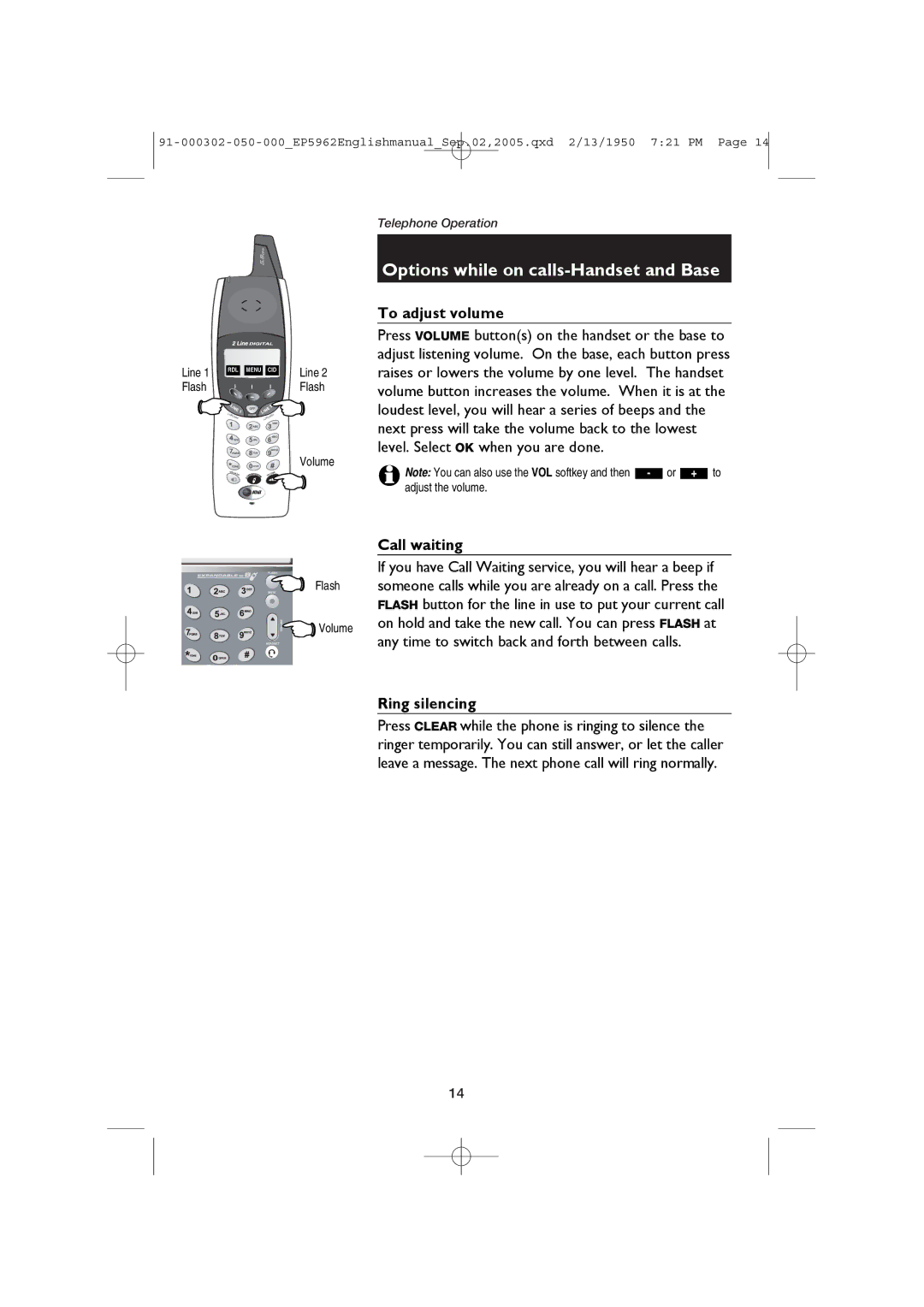 AT&T EP5962 user manual To adjust volume, Call waiting, Ring silencing, Flash Volume 