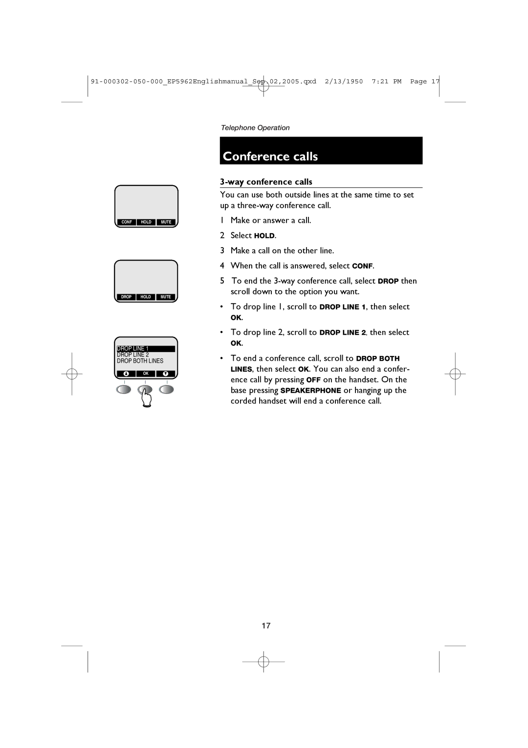 AT&T EP5962 user manual Conference calls, Way conference calls 