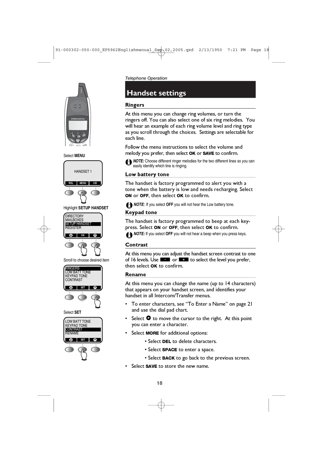 AT&T EP5962 user manual Handset settings 