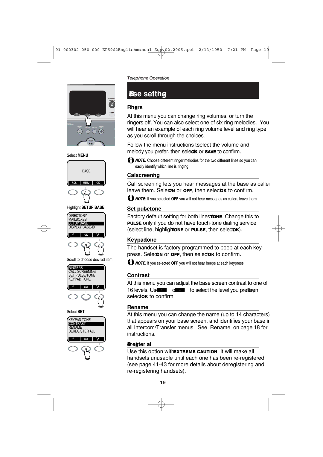 AT&T EP5962 user manual Base settings, Call screening, Set pulse/tone, Deregister all, Highlight Setup Base 