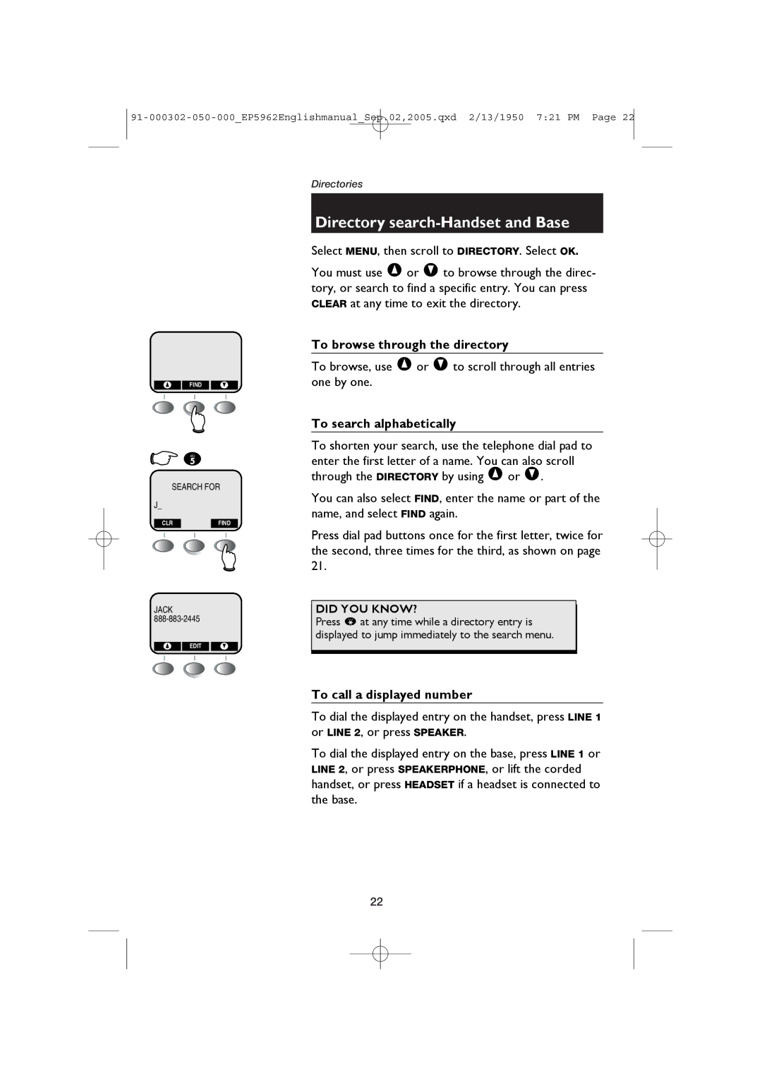 AT&T EP5962 user manual To browse through the directory, To search alphabetically, To call a displayed number 