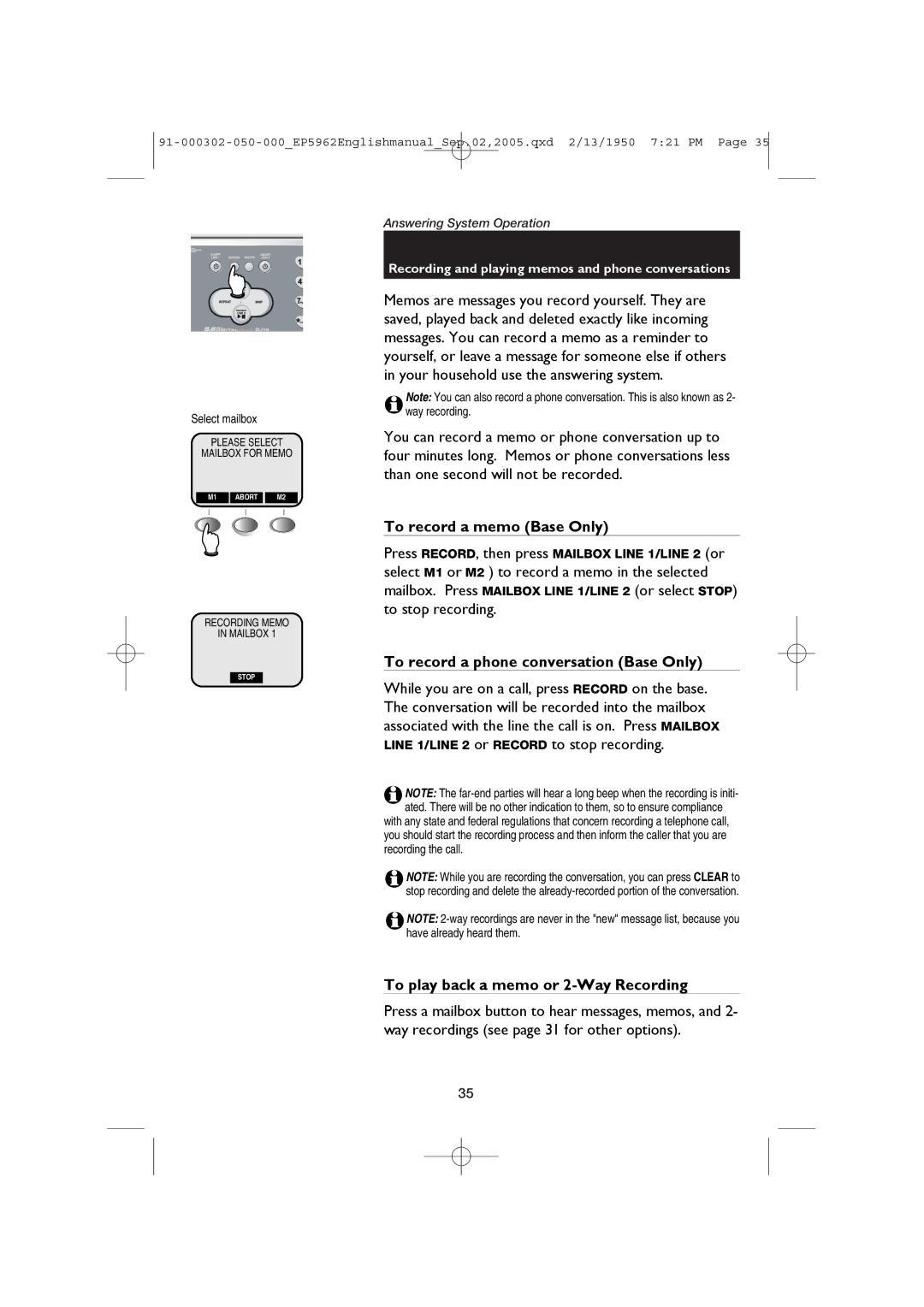 AT&T EP5962 To record a memo Base Only, To record a phone conversation Base Only, To play back a memo or 2-Way Recording 