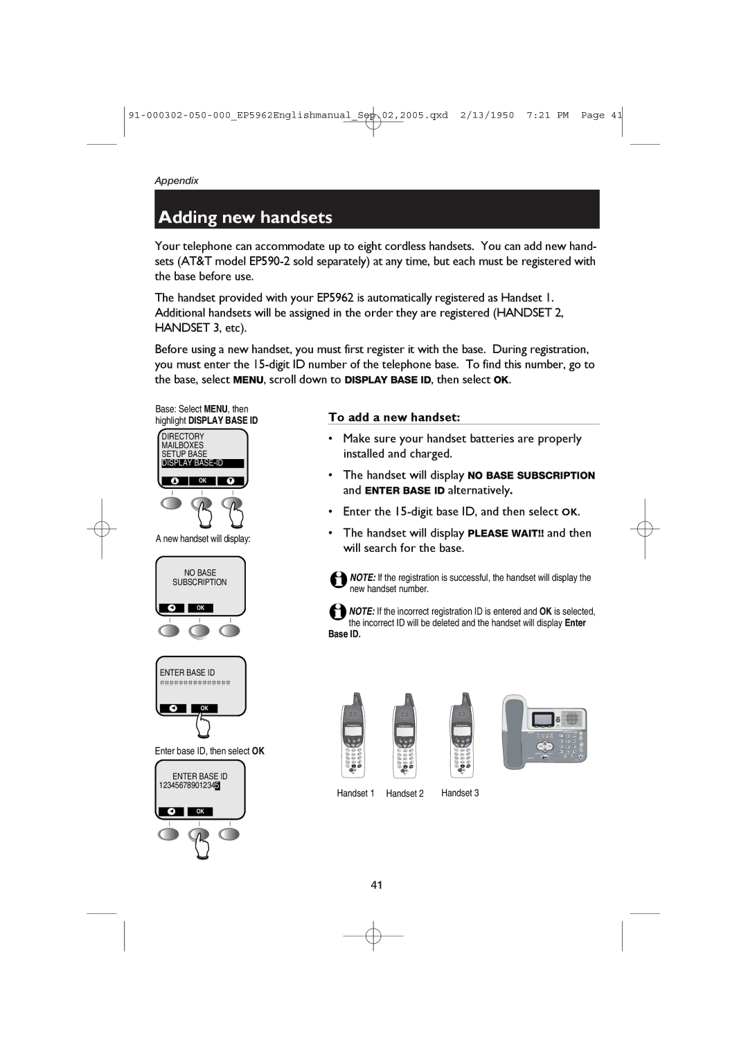 AT&T EP5962 user manual Adding new handsets, To add a new handset, Base ID 