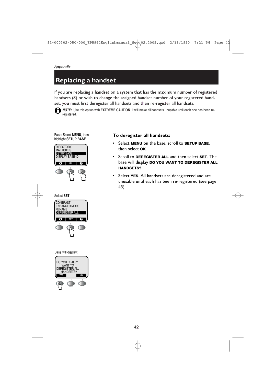 AT&T EP5962 user manual Replacing a handset, To deregister all handsets, Base will display 