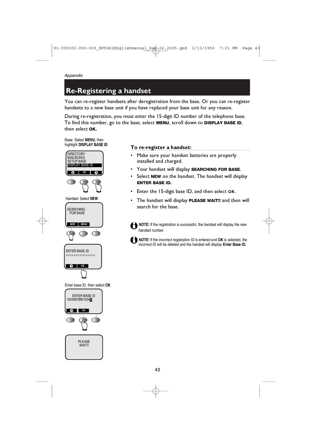 AT&T EP5962 user manual Re-Registering a handset, To re-register a handset, Handset Select NEW 