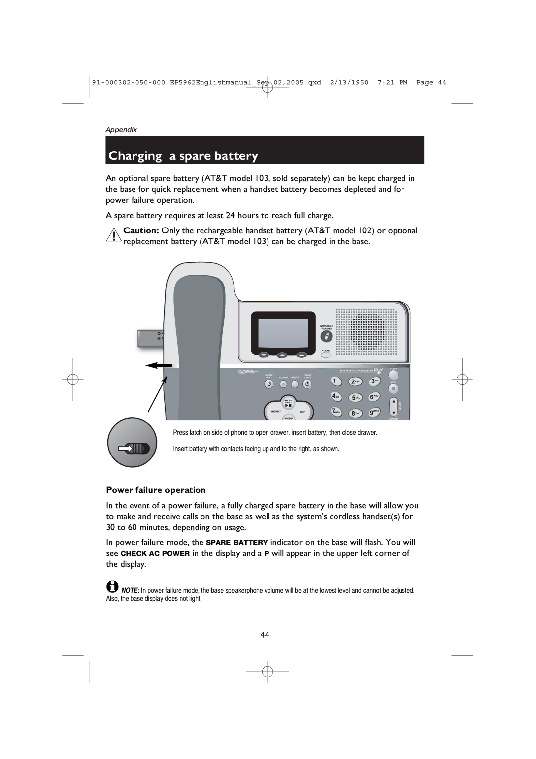 AT&T EP5962 user manual Charging a spare battery, Power failure operation 