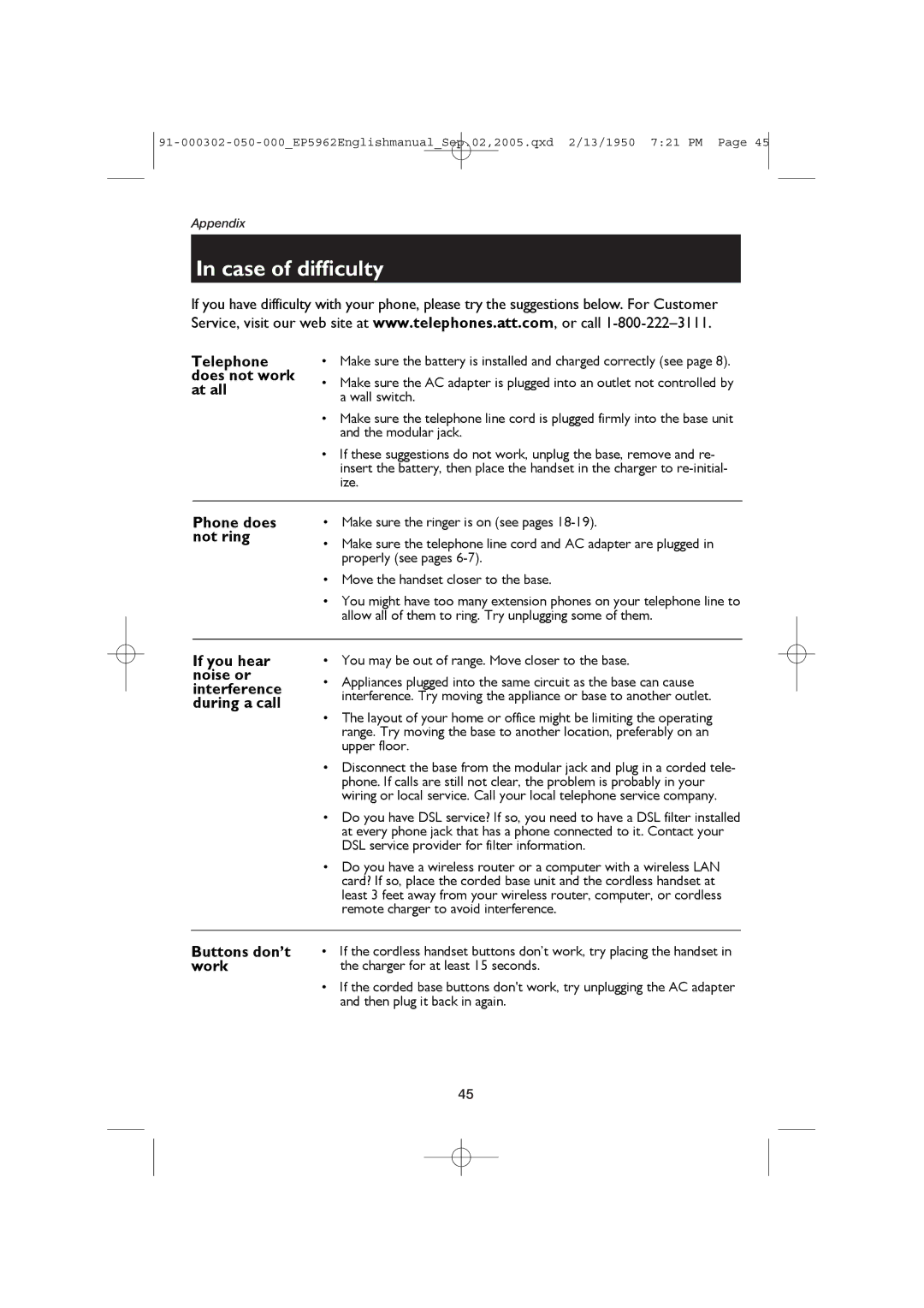 AT&T EP5962 user manual Case of difficulty 