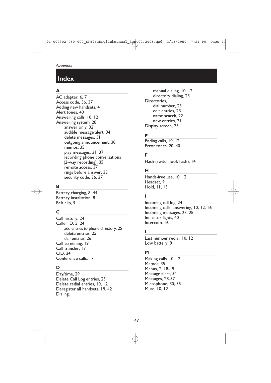 AT&T EP5962 user manual Index 