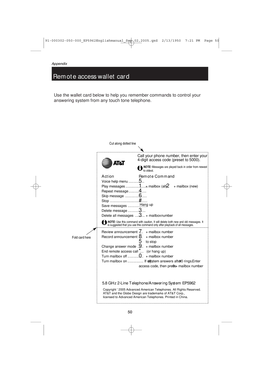 AT&T EP5962 user manual Remote access wallet card, Cut along dotted line, Fold card here 