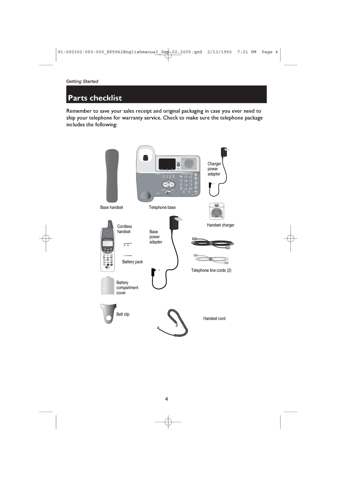 AT&T EP5962 user manual Parts checklist, Base handset Telephone base Cordless 