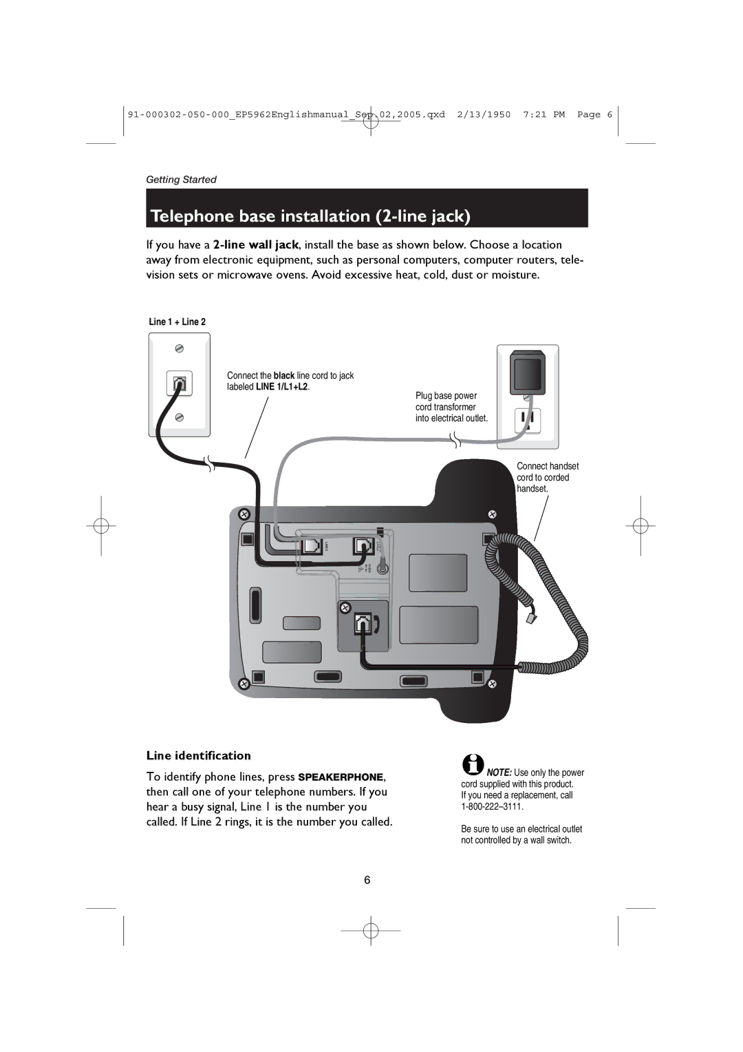 AT&T EP5962 user manual Telephone base installation 2-line jack, Line identification, Line 1 + Line, Labeled Line 1/L1+L2 