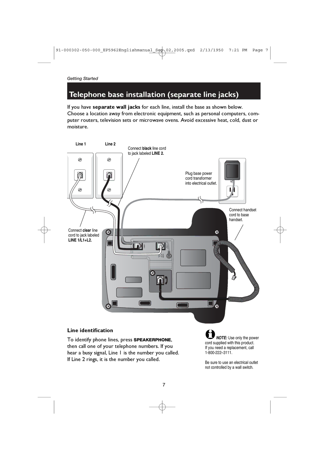 AT&T EP5962 user manual Telephone base installation separate line jacks, Line 1/L1+L2 