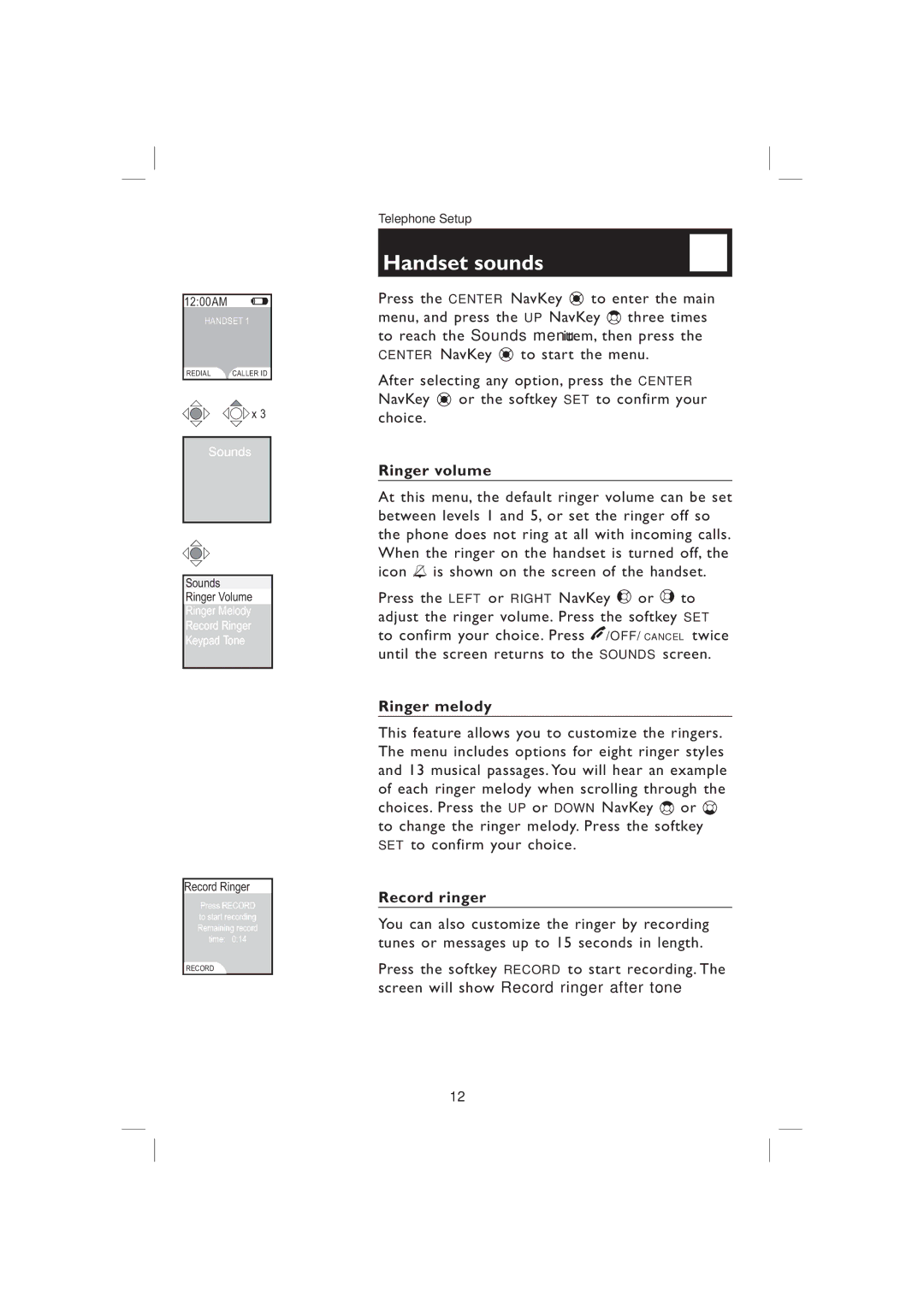 AT&T EP5995 user manual Handset sounds, Ringer volume, Ringer melody, Record ringer 