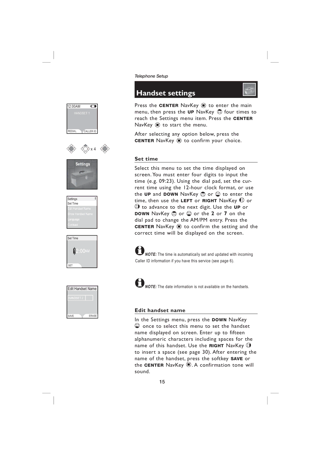 AT&T EP5995 user manual Handset settings, Set time, Edit handset name 