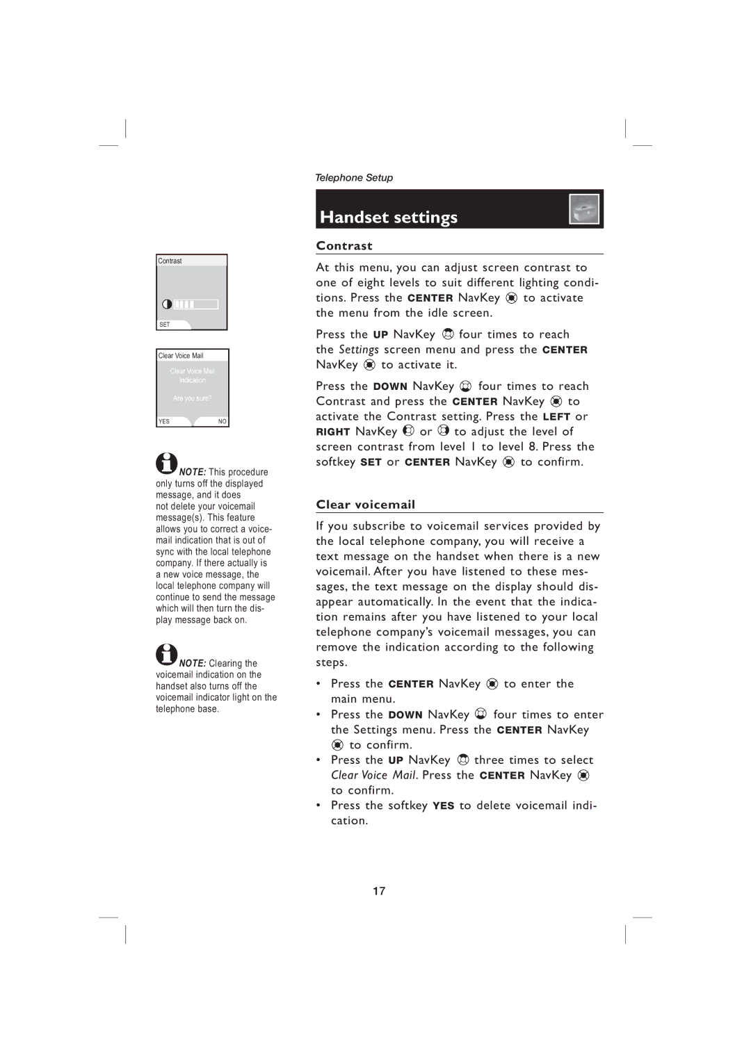 AT&T EP5995 user manual Contrast, Clear voicemail 