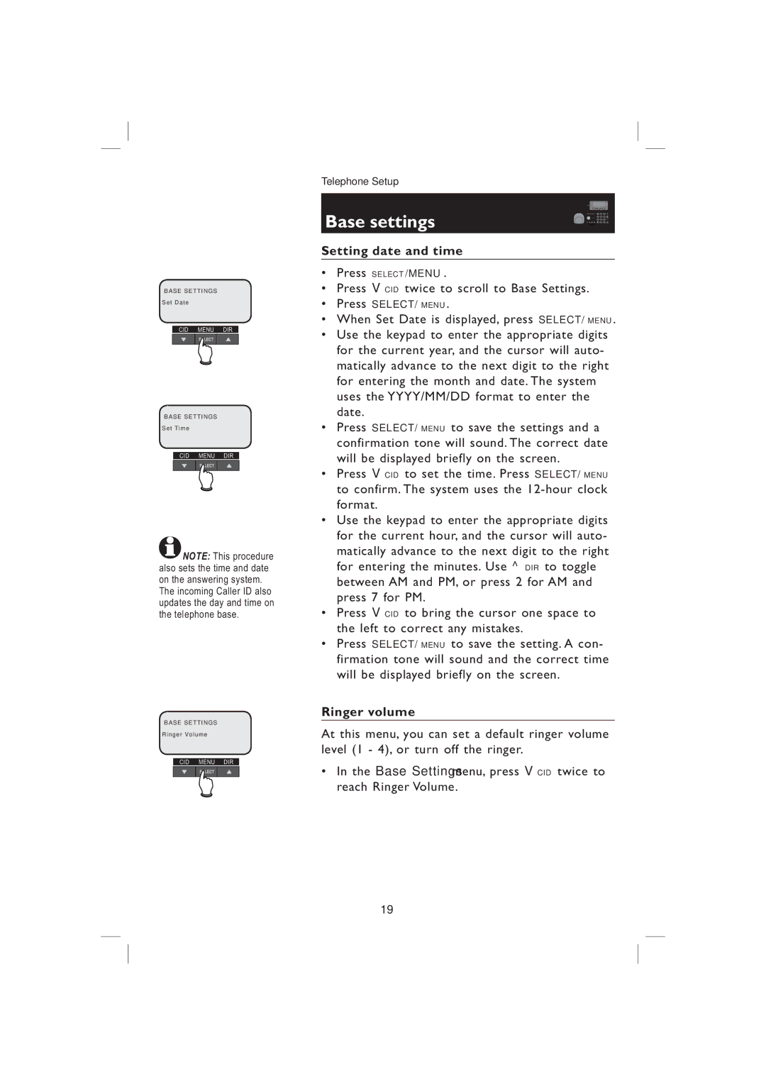 AT&T EP5995 user manual Base settings, Setting date and time 