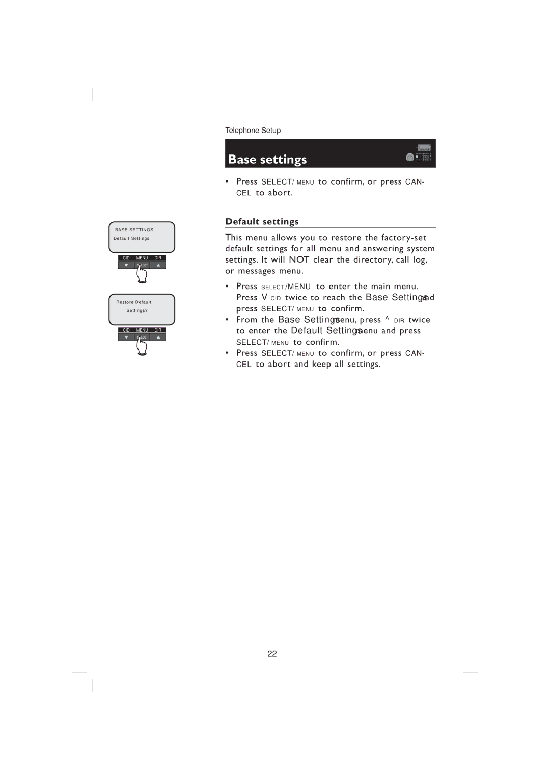 AT&T EP5995 user manual Press SELECT/MENU to confirm, or press CAN- CEL to abort 