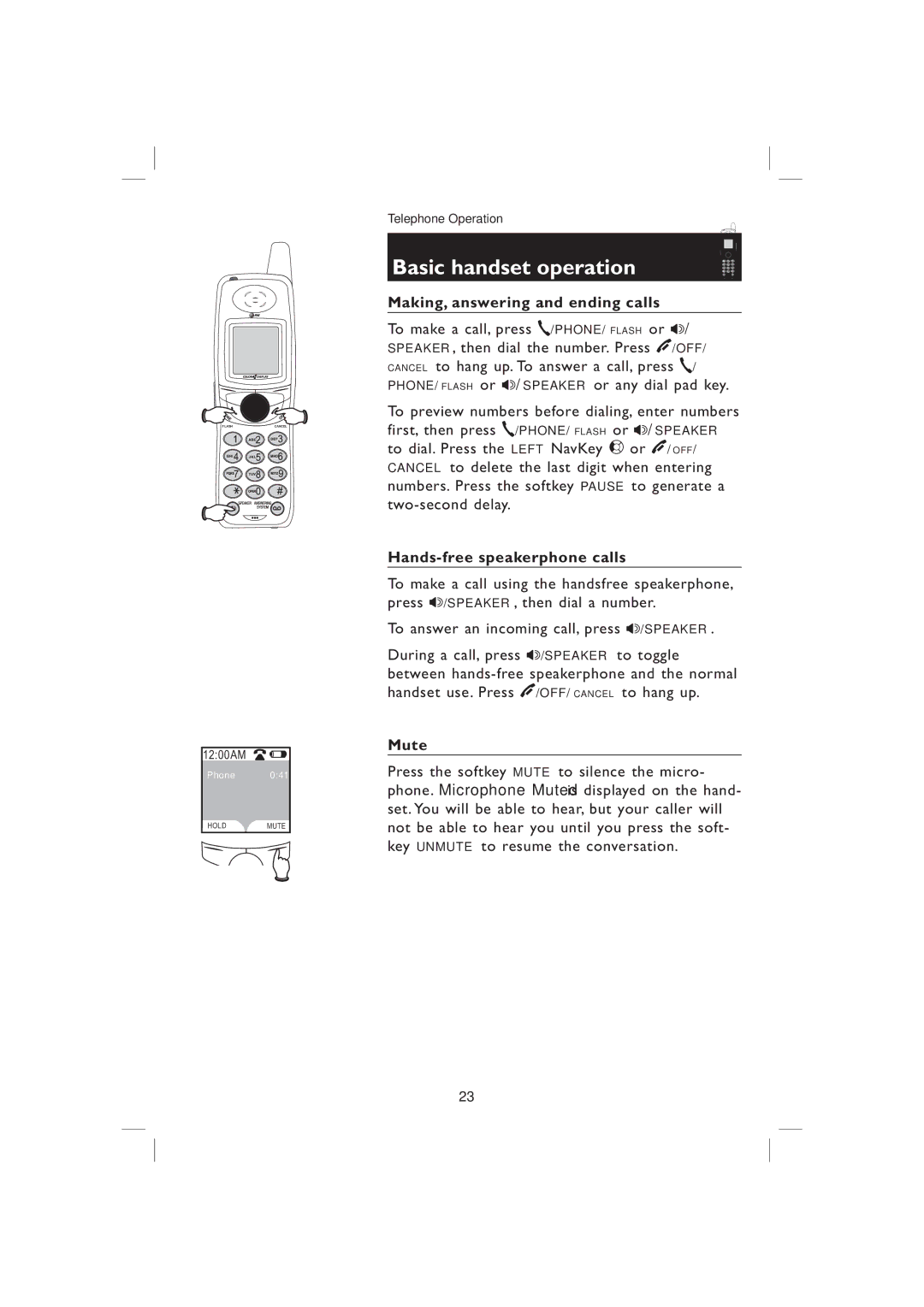 AT&T EP5995 user manual Basic handset operation, Making, answering and ending calls, Hands-free speakerphone calls, Mute 