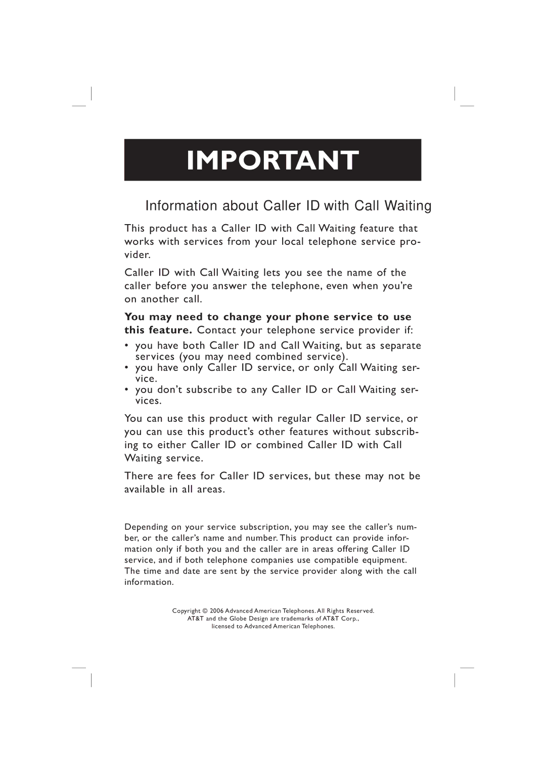 AT&T EP5995 user manual Information about Caller ID with Call Waiting 