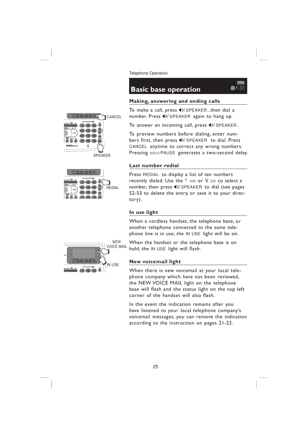 AT&T EP5995 user manual Basic base operation, Last number redial, Use light, New voicemail light 