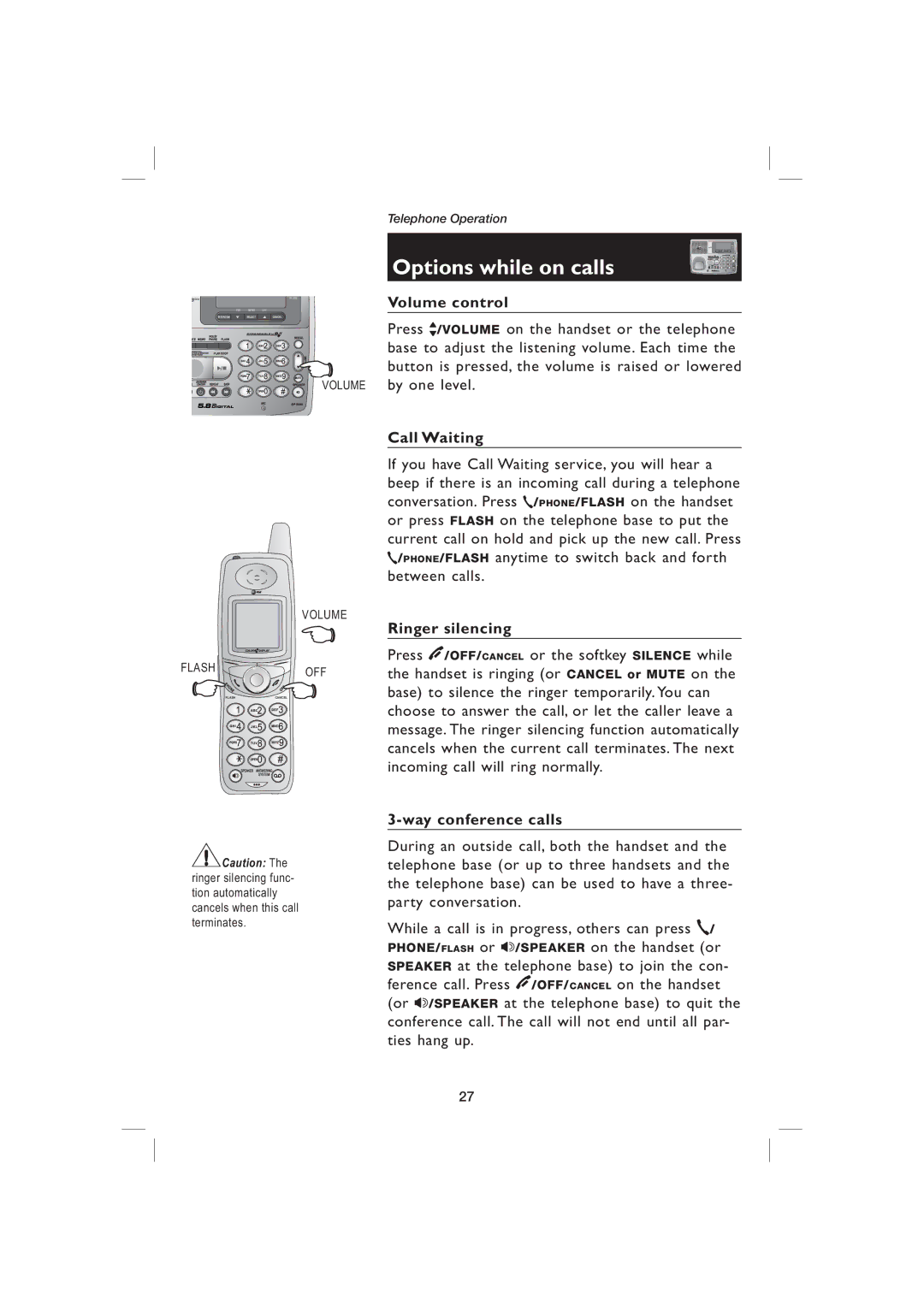 AT&T EP5995 user manual Options while on calls, Volume control, Call Waiting, Ringer silencing, Way conference calls 