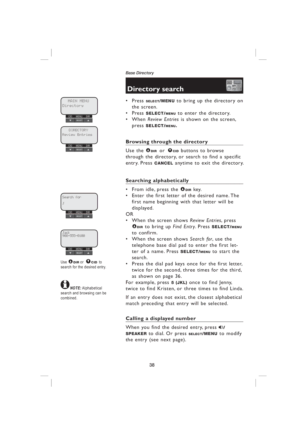 AT&T EP5995 user manual Use DIR or Vcid to search for the desired entry 