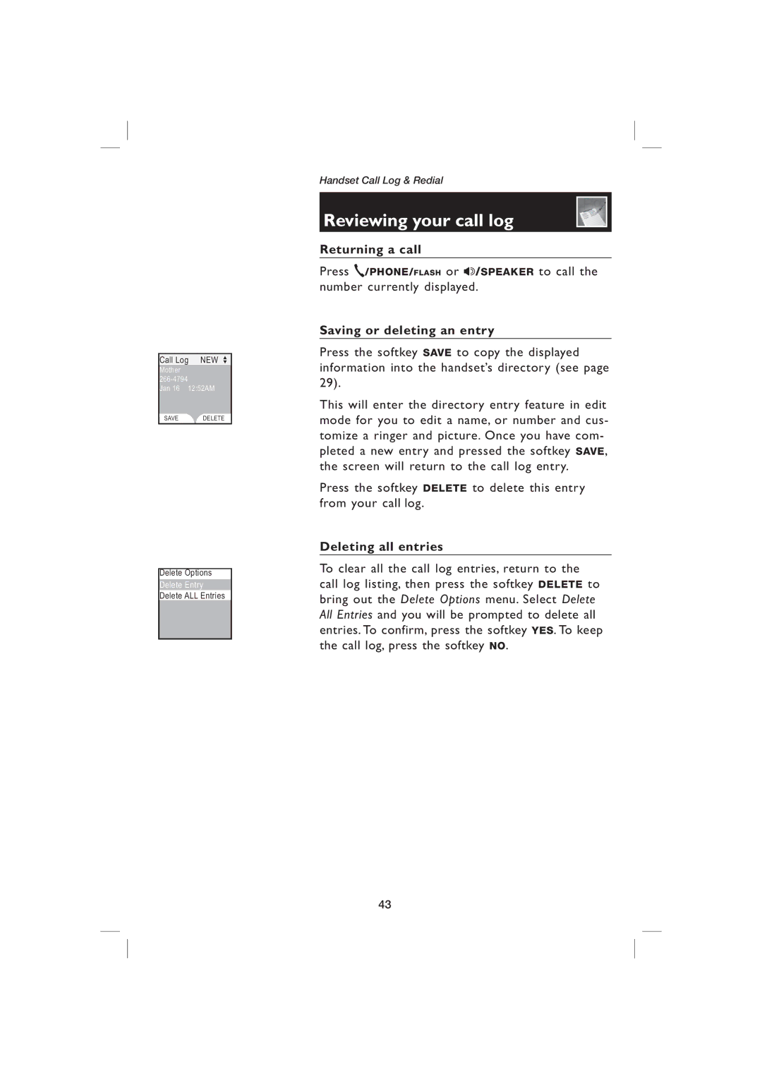 AT&T EP5995 user manual Returning a call, Saving or deleting an entry 