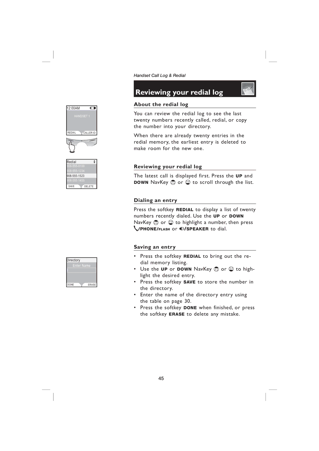 AT&T EP5995 user manual Reviewing your redial log, About the redial log, Dialing an entry, Saving an entry 