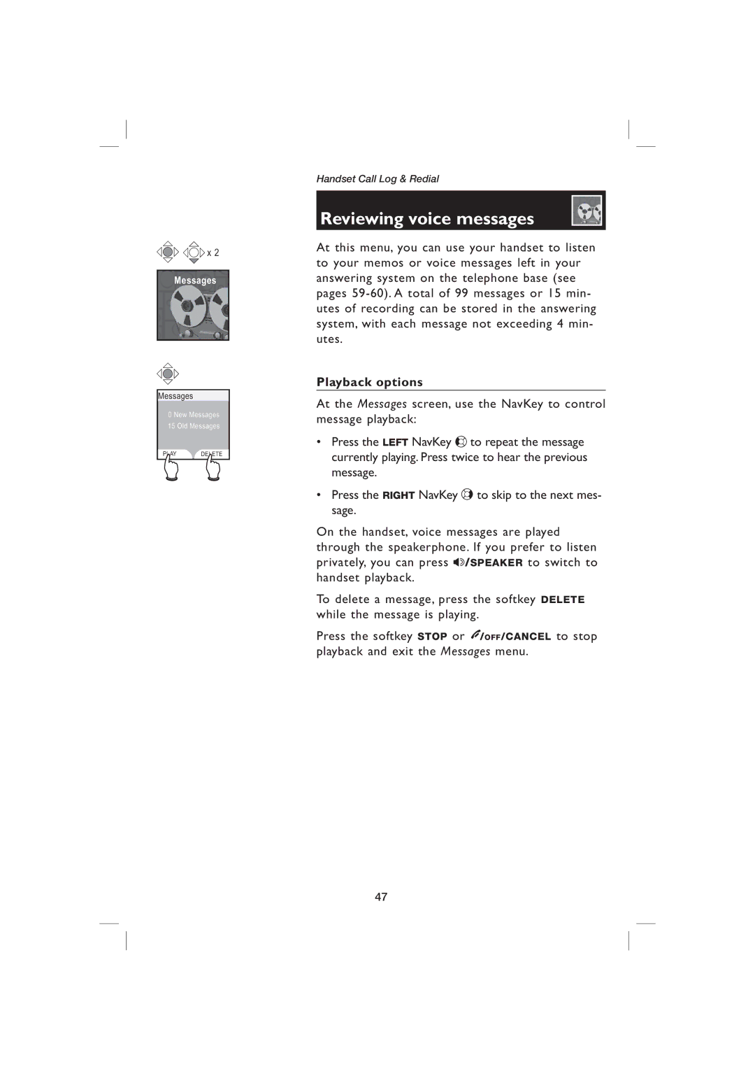 AT&T EP5995 user manual Reviewing voice messages, Playback options 