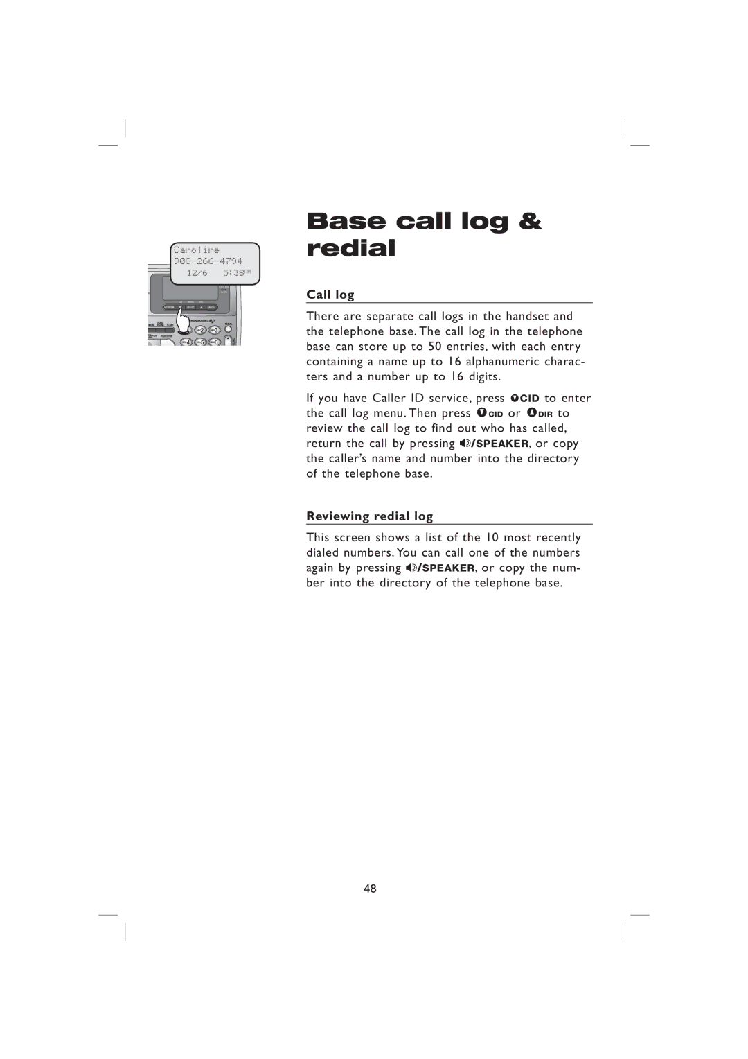 AT&T EP5995 user manual Call log, Reviewing redial log 