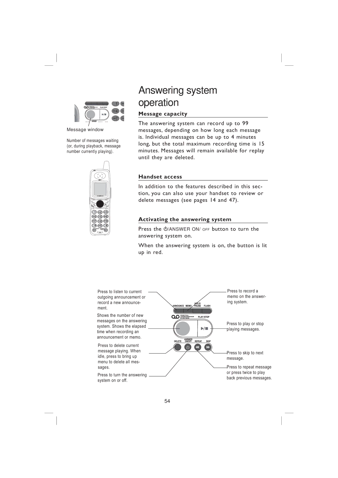 AT&T EP5995 user manual Message capacity, Handset access, Activating the answering system 