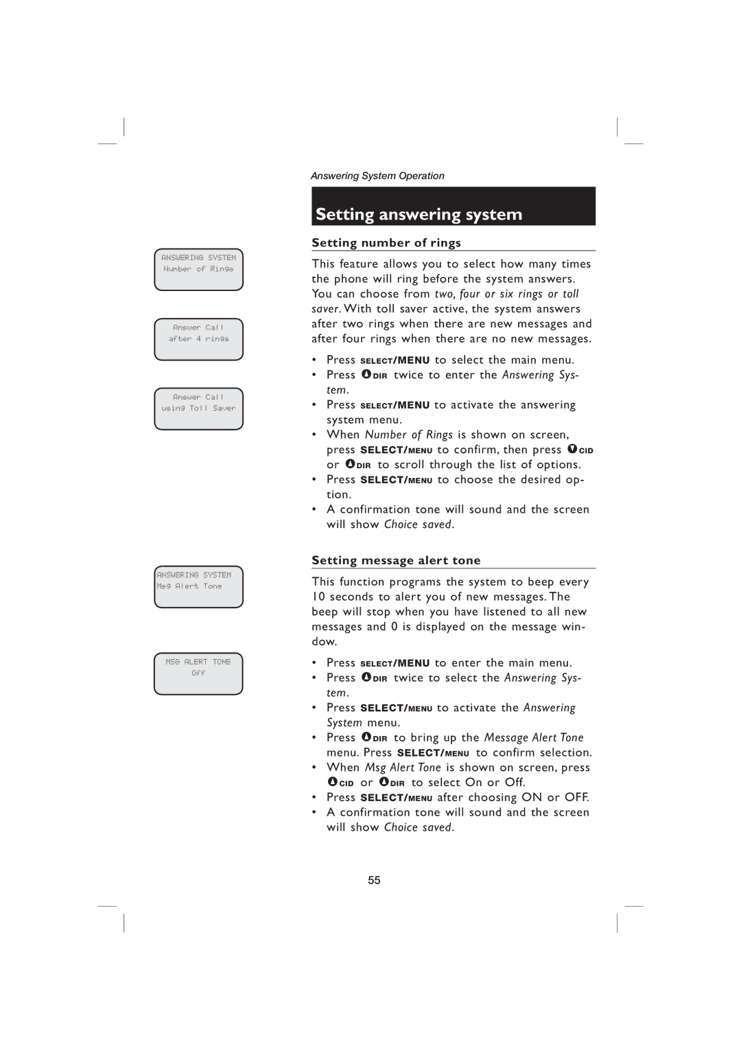 AT&T EP5995 user manual Setting answering system, Setting number of rings, Setting message alert tone 