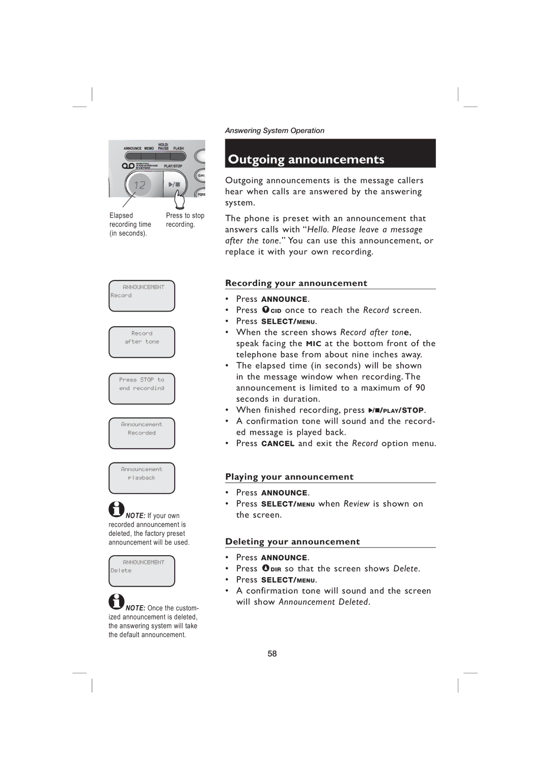 AT&T EP5995 Outgoing announcements, Recording your announcement, Playing your announcement, Deleting your announcement 