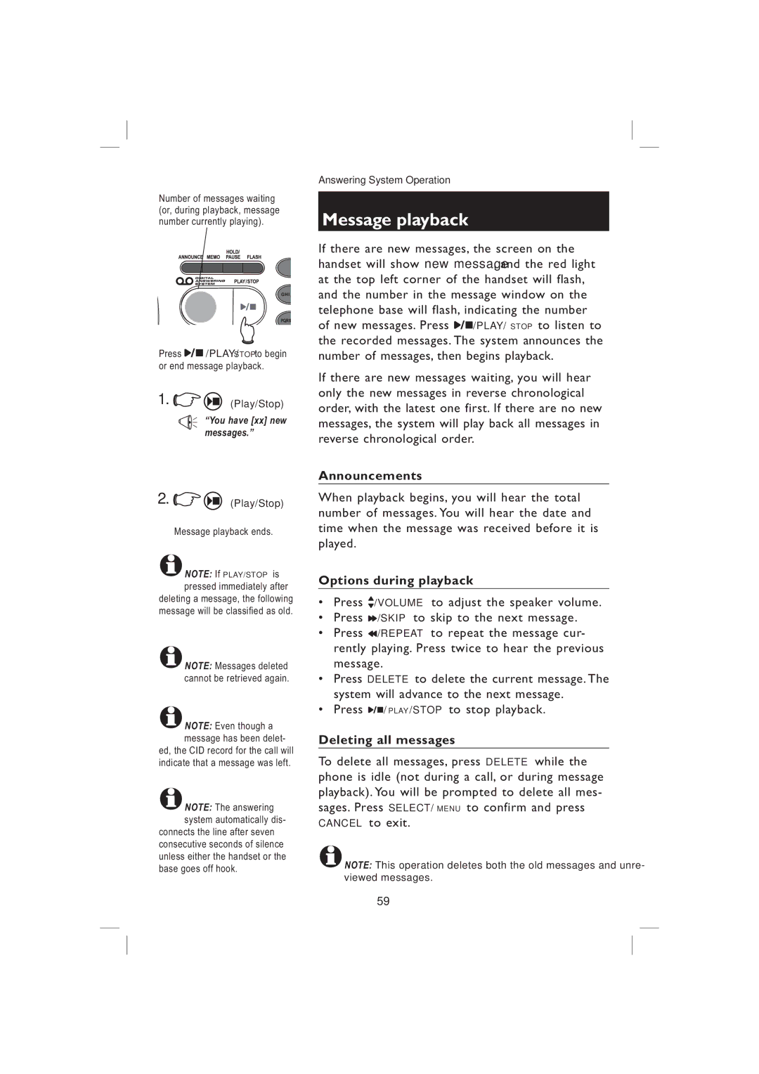 AT&T EP5995 user manual Message playback, Announcements, Options during playback, Deleting all messages 