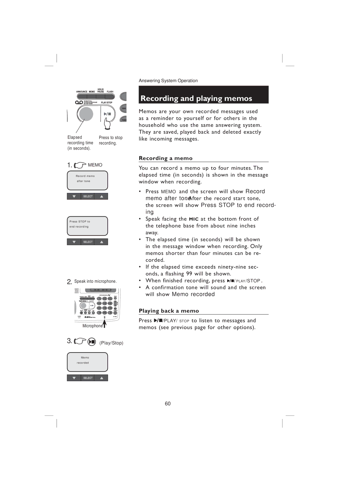 AT&T EP5995 user manual Recording and playing memos, Recording a memo, Playing back a memo 