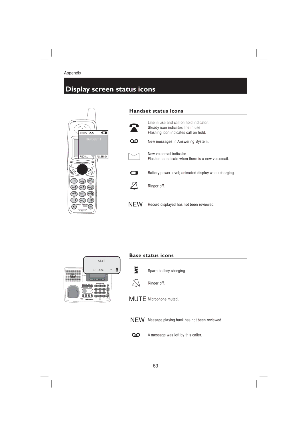 AT&T EP5995 user manual Display screen status icons, Handset status icons, Base status icons 