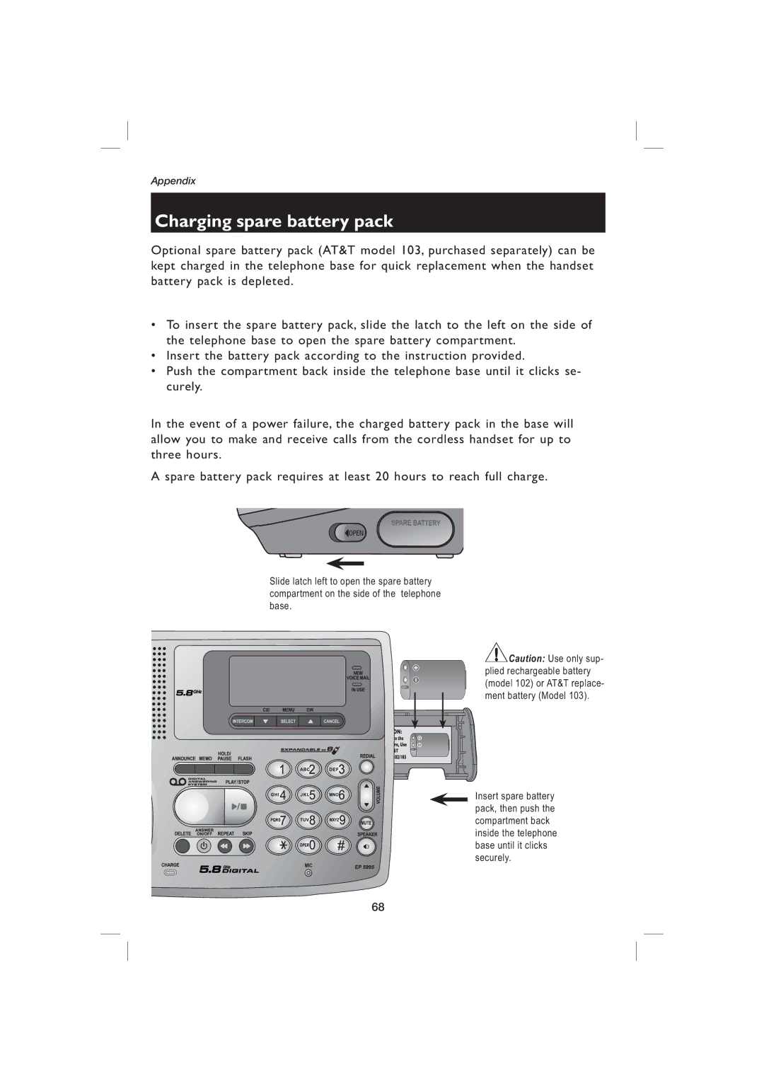 AT&T EP5995 user manual Charging spare battery pack 