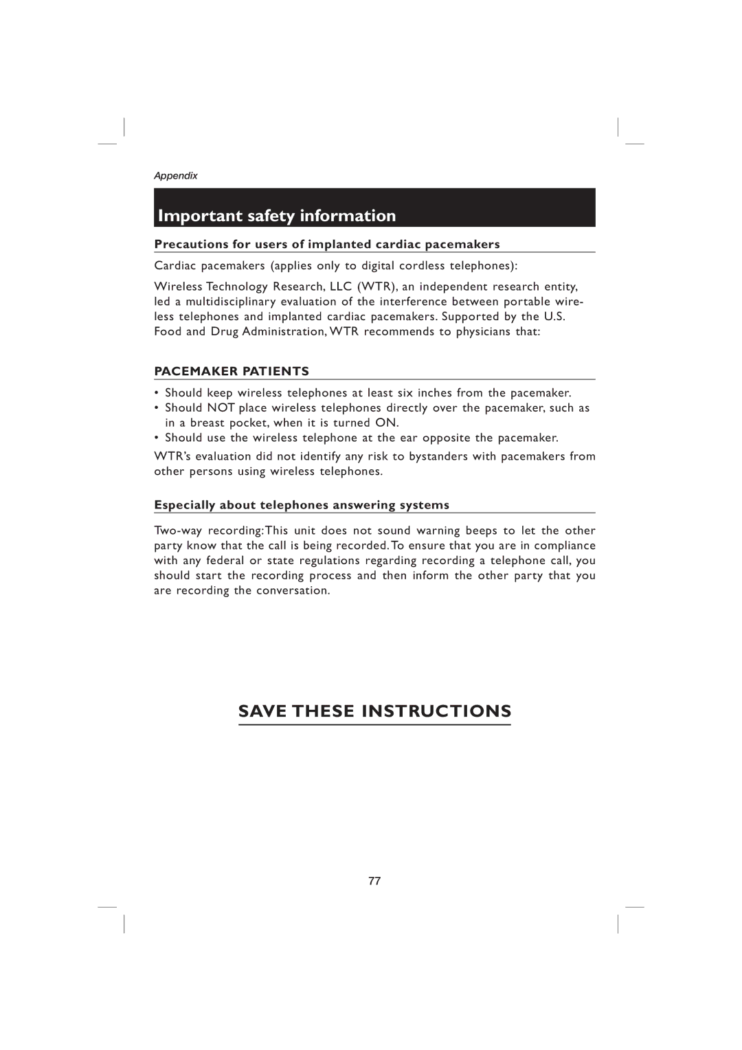 AT&T EP5995 Precautions for users of implanted cardiac pacemakers, Especially about telephones answering systems 