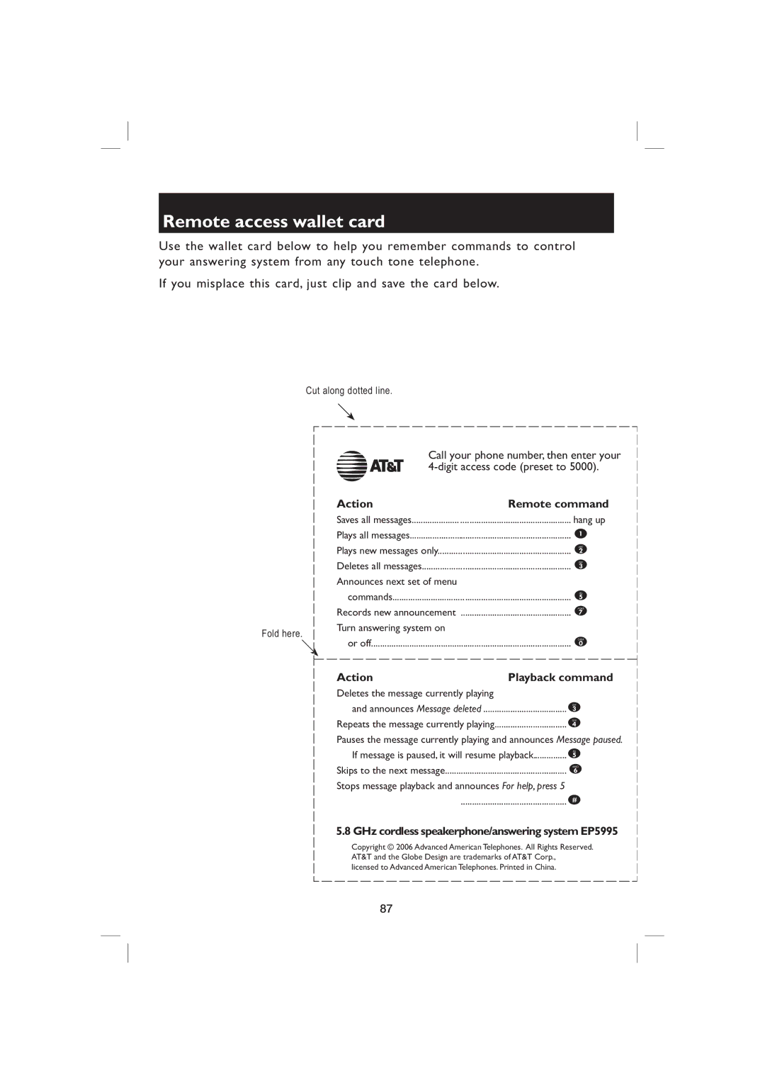 AT&T EP5995 user manual Remote access wallet card, Action Remote command 