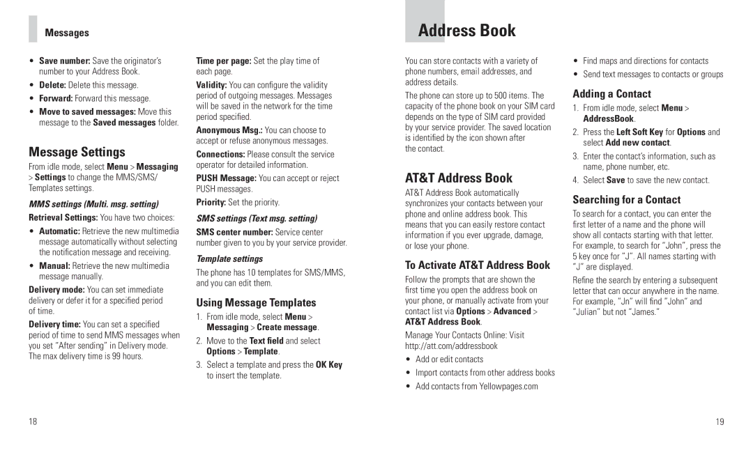 AT&T F160 user manual Message Settings, AT&T Address Book 