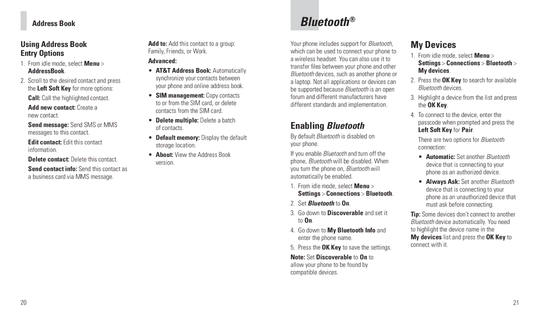 AT&T F160 user manual Enabling Bluetooth, My Devices, Address Book Using Address Book Entry Options 