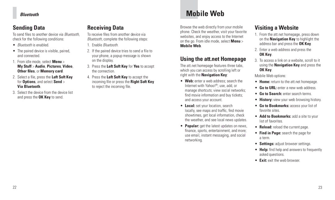 AT&T F160 user manual Mobile Web, Sending Data, Receiving Data, Visiting a Website 