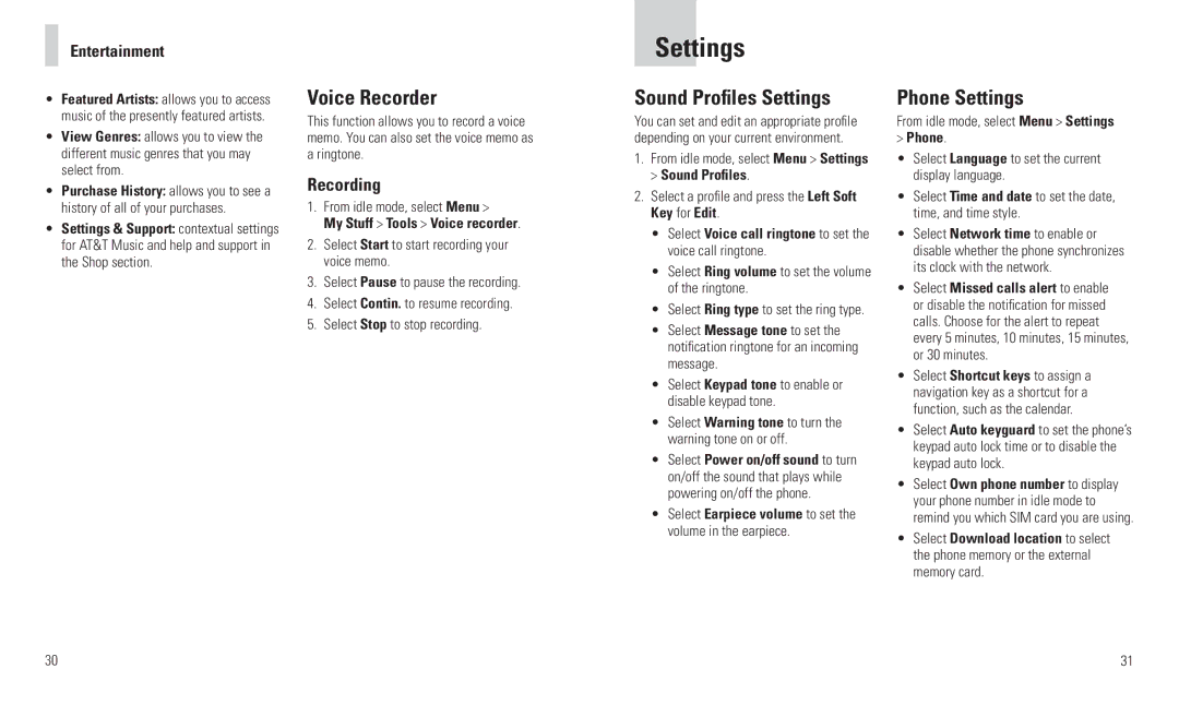 AT&T F160 user manual Voice Recorder, Sound Profiles Settings, Phone Settings, Recording 