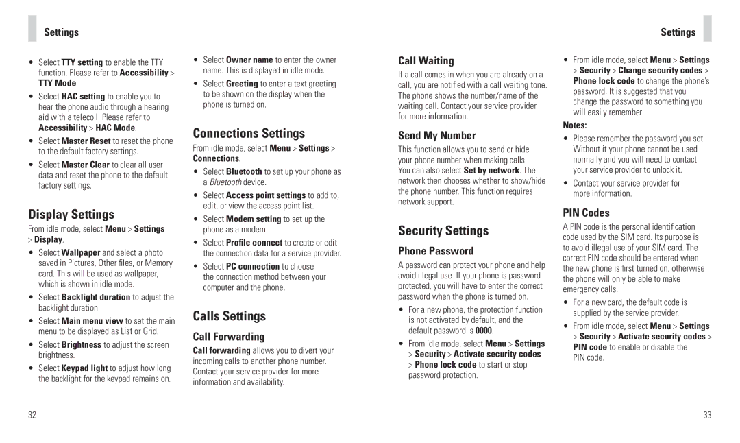 AT&T F160 user manual Display Settings, Connections Settings, Calls Settings, Security Settings 