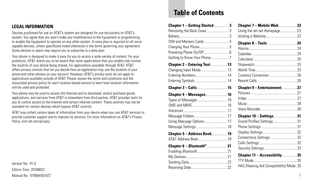 AT&T F160 user manual Table of Contents 